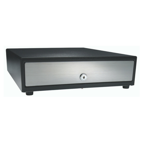 Vasario™ Series Cash Drawer: 1416~Drawer Front Style: Stainless front (non-media); Interface Type: MultiPRO® 24 V; Color: Black; Size (W x D x H): 13.8in. x 16.3in. x 4.0in.; Options: Adjustable 4x8 Till, Keyed Randomly