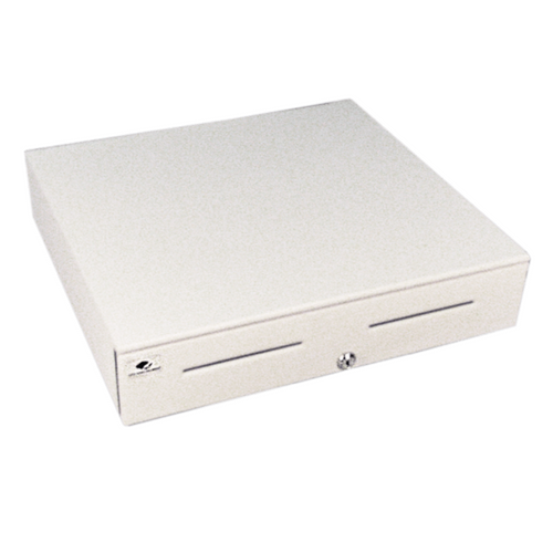 Series 4000 Cash Drawer: 1816~Drawer Front Style: Painted Front (color matched to case); Interface Type: Hardwired for Printer; Color: Cloud White; Size (W x D x H): 18.0in. x 16.7in. x 4.2in.; Options: Fixed 5x5 Till, Keyed Randomly