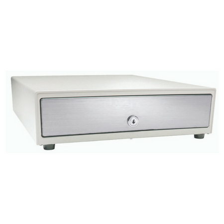 Series 4000 Cash Drawer: 1816~Drawer Front Style: Stainless Front; Interface Type: MultiPROÂ® 24 V; Color: Cloud White; Size (W x D x H): 18.0in. x 16.7in. x 4.2in.; Options: Coin Roll Storage Till (standard), Keyed Randomly