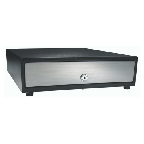 Vasarioâ„¢ Series Cash Drawer: 1416~Drawer Front Style: Stainless front (non-media); Interface Type: SerialPROÂ® ll; Color: Black; Size (W x D x H): 13.8in. x 16.3in. x 4.0in.; Options: Adjustable 4x5 Till (Standard), Keyed Randomly